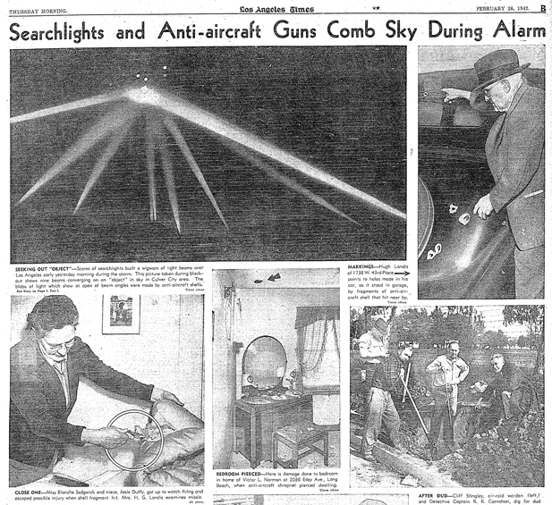 The Los Angeles Times front page of 26 February 1942 with the converging searchlights — the photograph the Times retouched for clarity and which became the case's defining image.