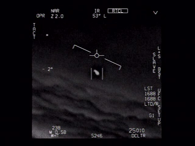 A still from the Pentagon-released Gimbal video — the rotating ovoid object that Navy pilots said was tracked by ATFLIR over the Atlantic in January 2015, declassified by DoD and released through the New York Times in December 2017.