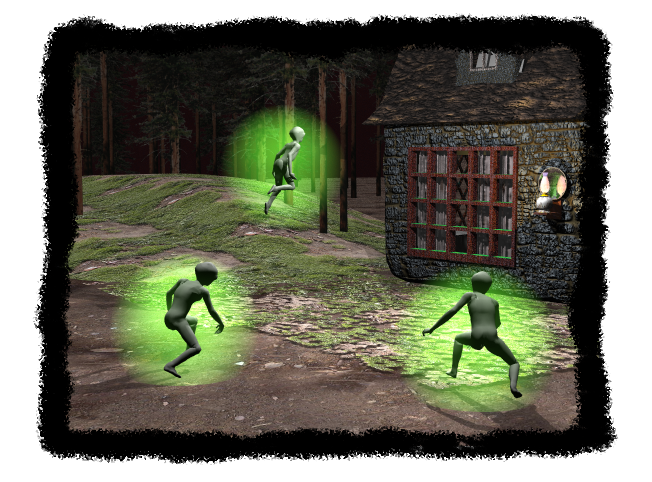 A reconstruction sketch of the Sutton farmhouse encounter, 21 August 1955 — the night the Sutton-Lankford family fired through the windows at small silver beings they said were trying to enter.