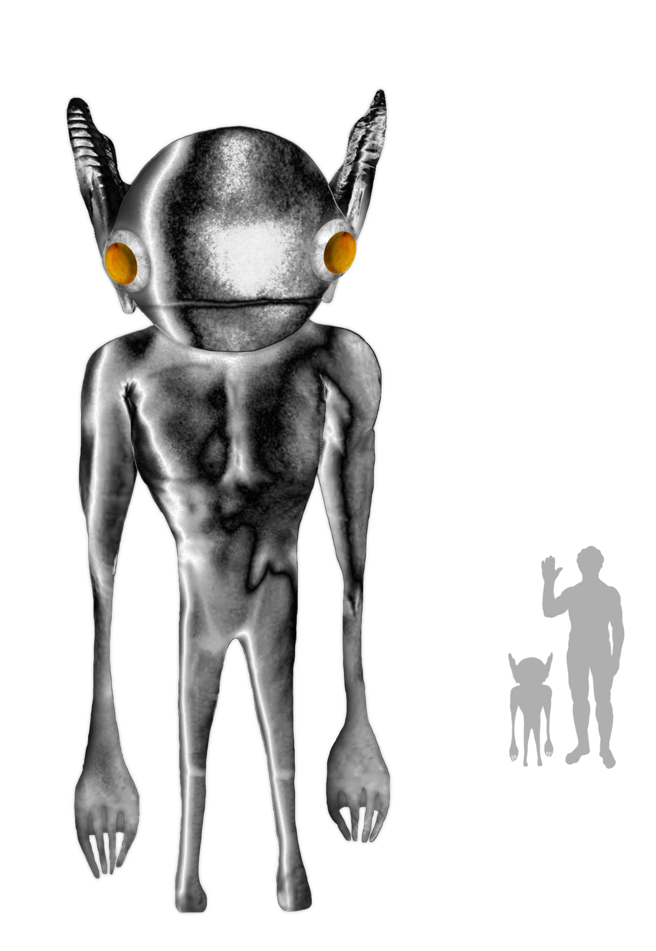 A reconstruction of the entities as the Sutton family described them — about three feet tall, silvery skin, oversized hands, glowing eyes — drawn from Bud Ledwith's interview sketches.