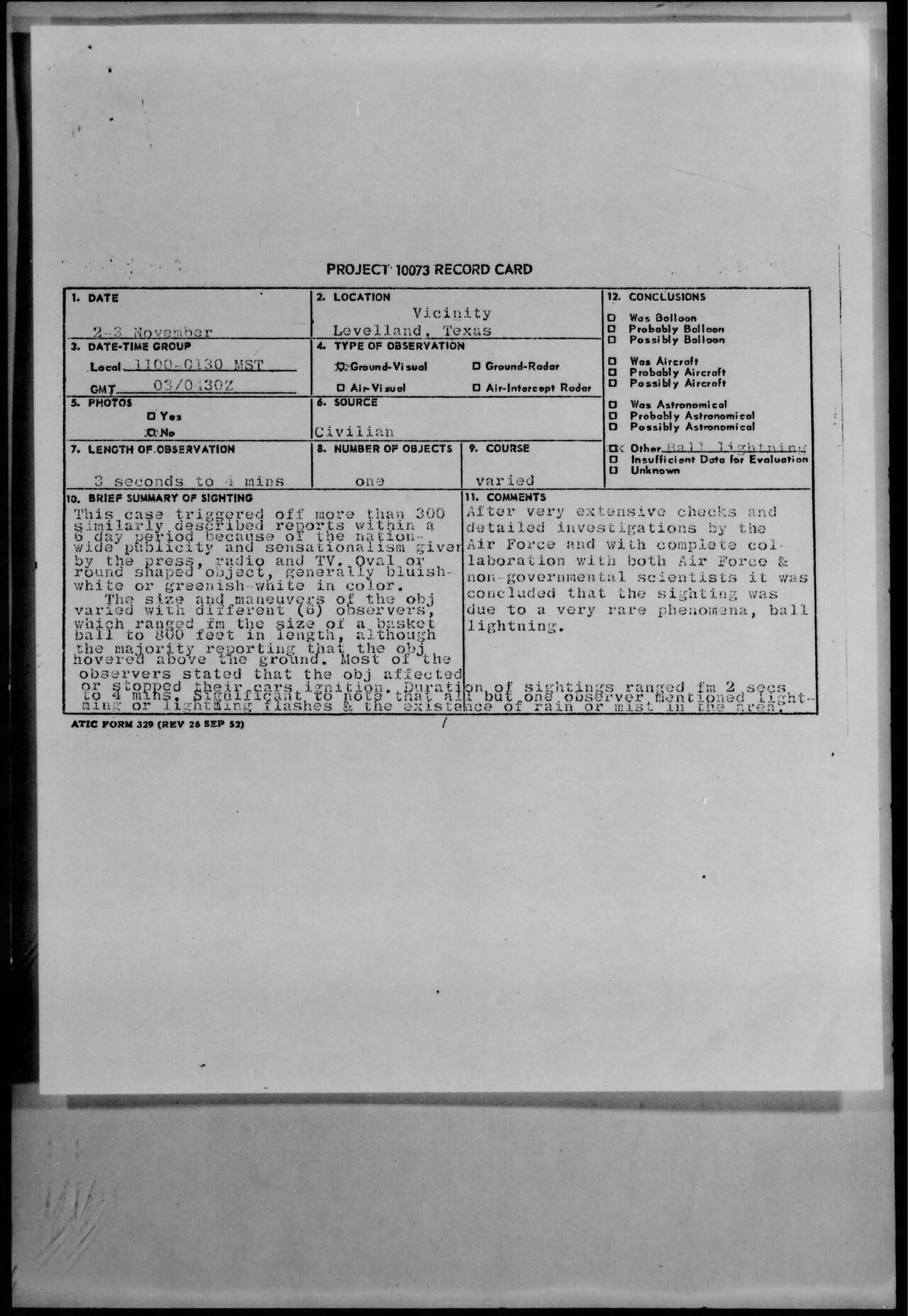 Project Blue Book record card for the Levelland sightings of 2-3 November 1957, concluding 'ball lightning' (USAF)