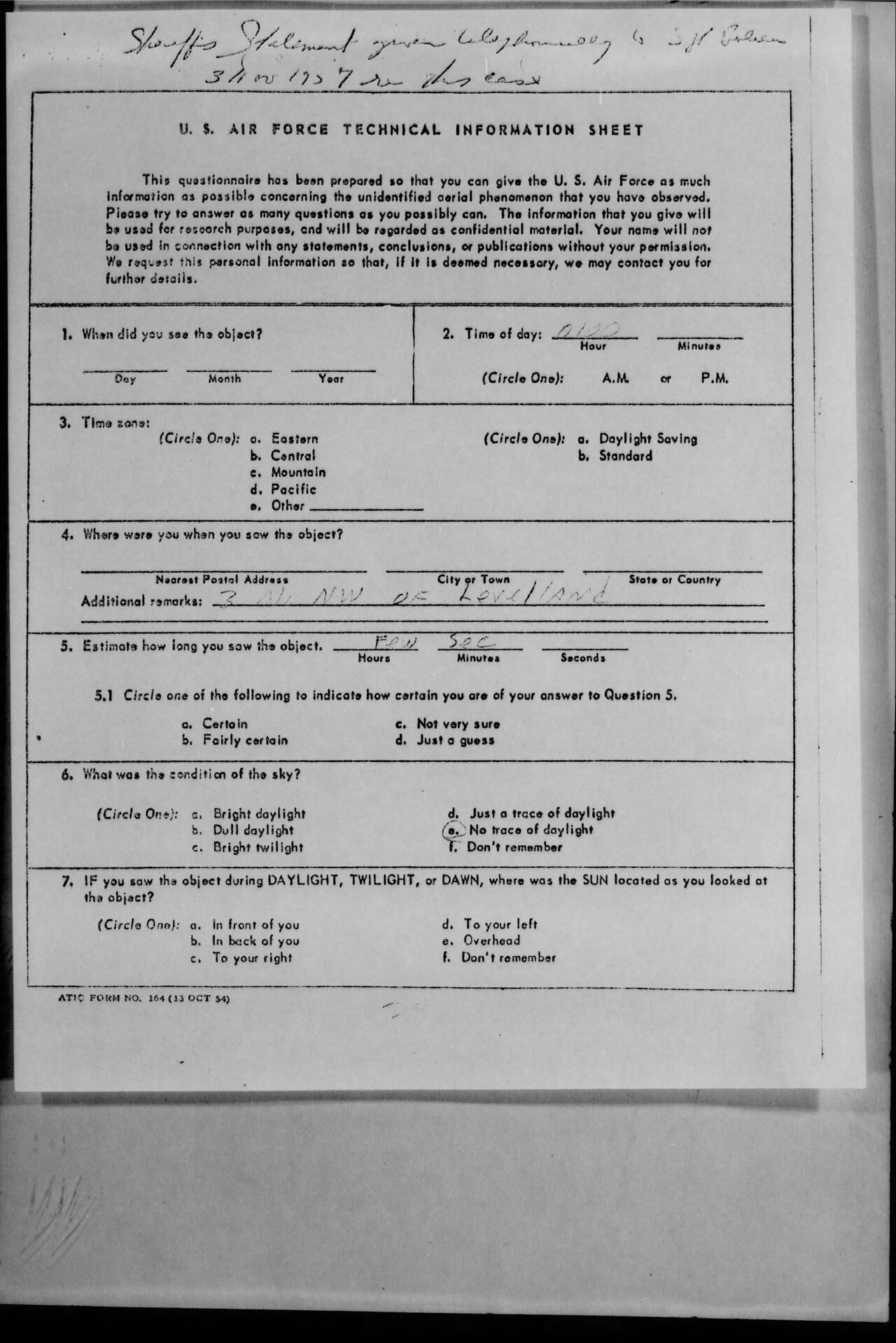 USAF technical information sheet from a witness 3 miles NW of Levelland, from the Blue Book case file (USAF, 1957)