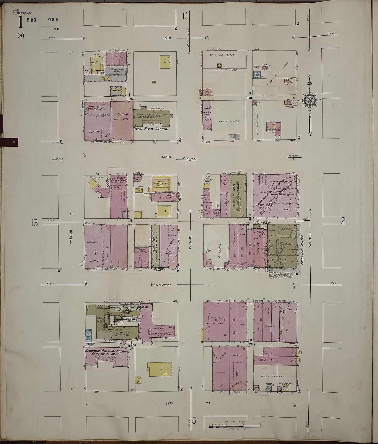 Sanborn Fire Insurance Map of Lubbock from 1950 — the city as it stood the year before Hart's photographs, when the Texas Tech faculty witnesses (Robinson, Ducker, Oberg) were still observing the formations from their backyards.