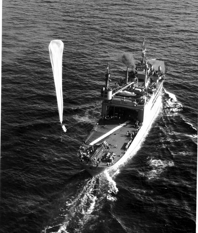 U.S. Navy Skyhook balloon launch from USS Norton Sound, 1949 — the secret balloon type later identified as Mantell's object (USN photo)