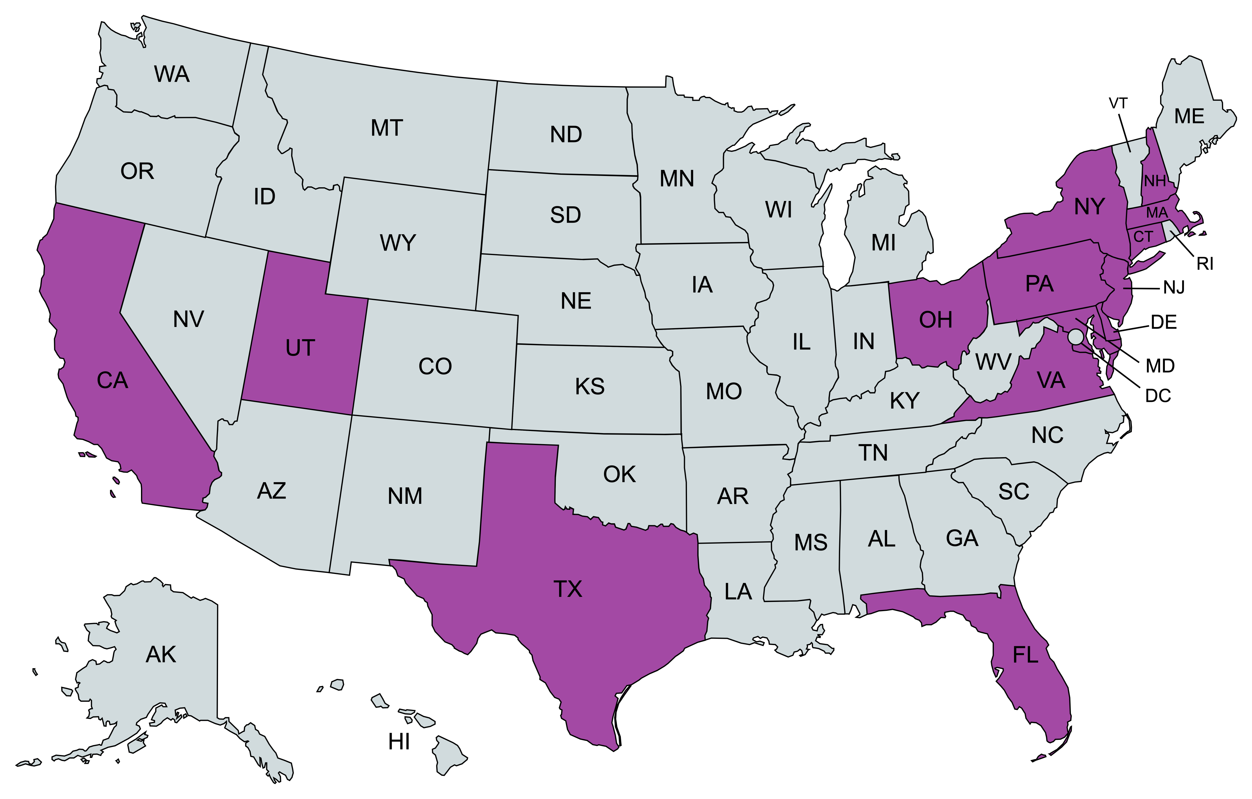 States with reported drone sightings during the Nov–Dec 2024 Northeast wave.