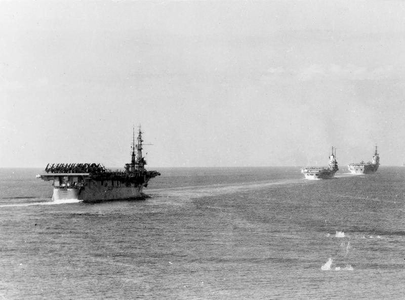 USS Wright, HMS Illustrious and HMS Eagle in line ahead in the North Sea during Operation Mainbrace, September 1952 (IWM A 32288)
