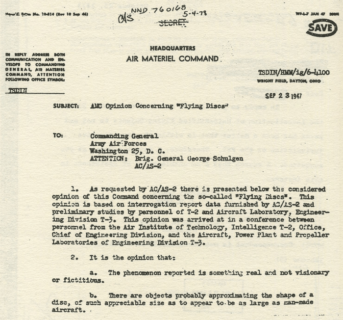 The Twining Memo of 23 September 1947 — page one of the Air Materiel Command memorandum that effectively created Project Sign by formally recommending USAF investigation of 'flying disc' reports.