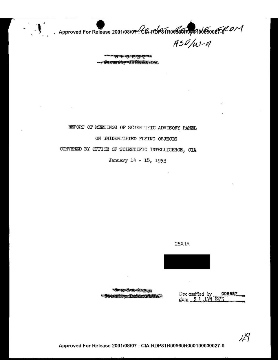 Title page of the CIA Scientific Advisory Panel (Robertson Panel) report, January 14-18, 1953, declassified 1975 (CIA)