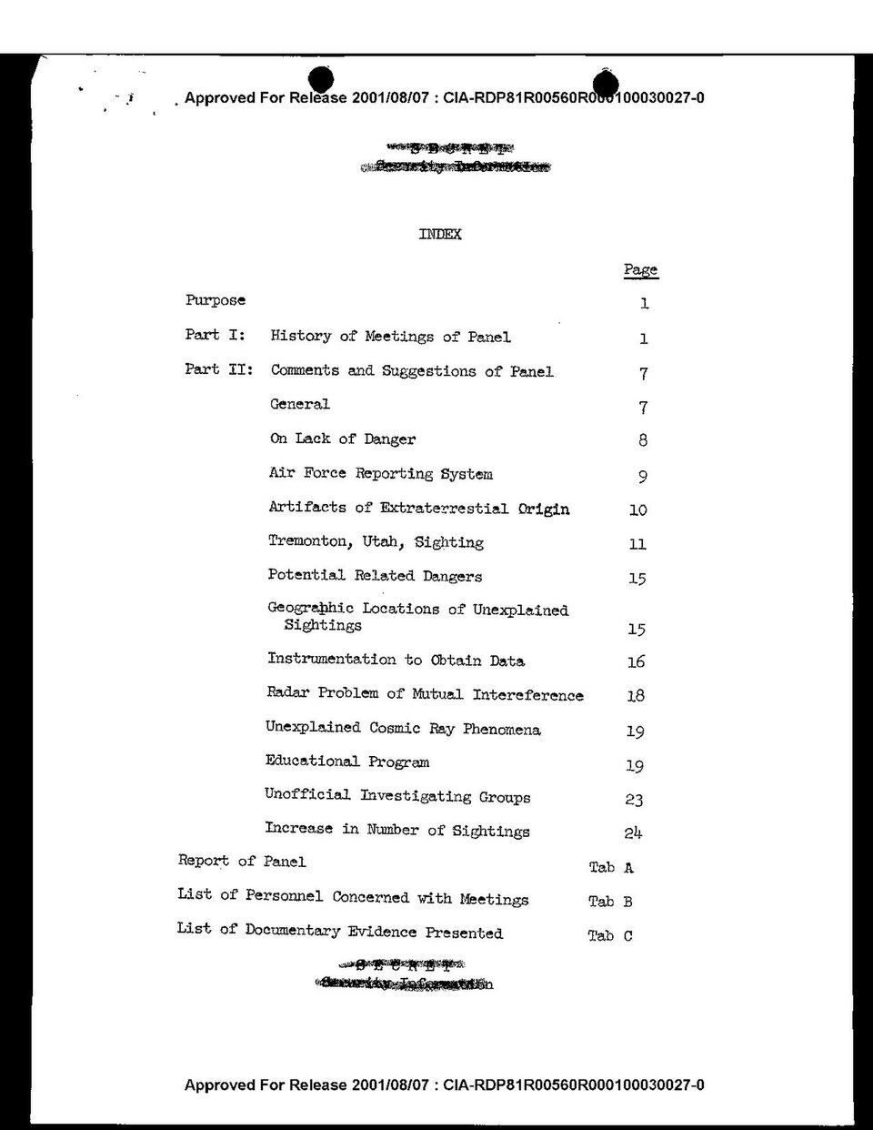 Index of the Robertson Panel report, listing sections on 'Artifacts of Extraterrestrial Origin' and the Tremonton, Utah film (CIA)