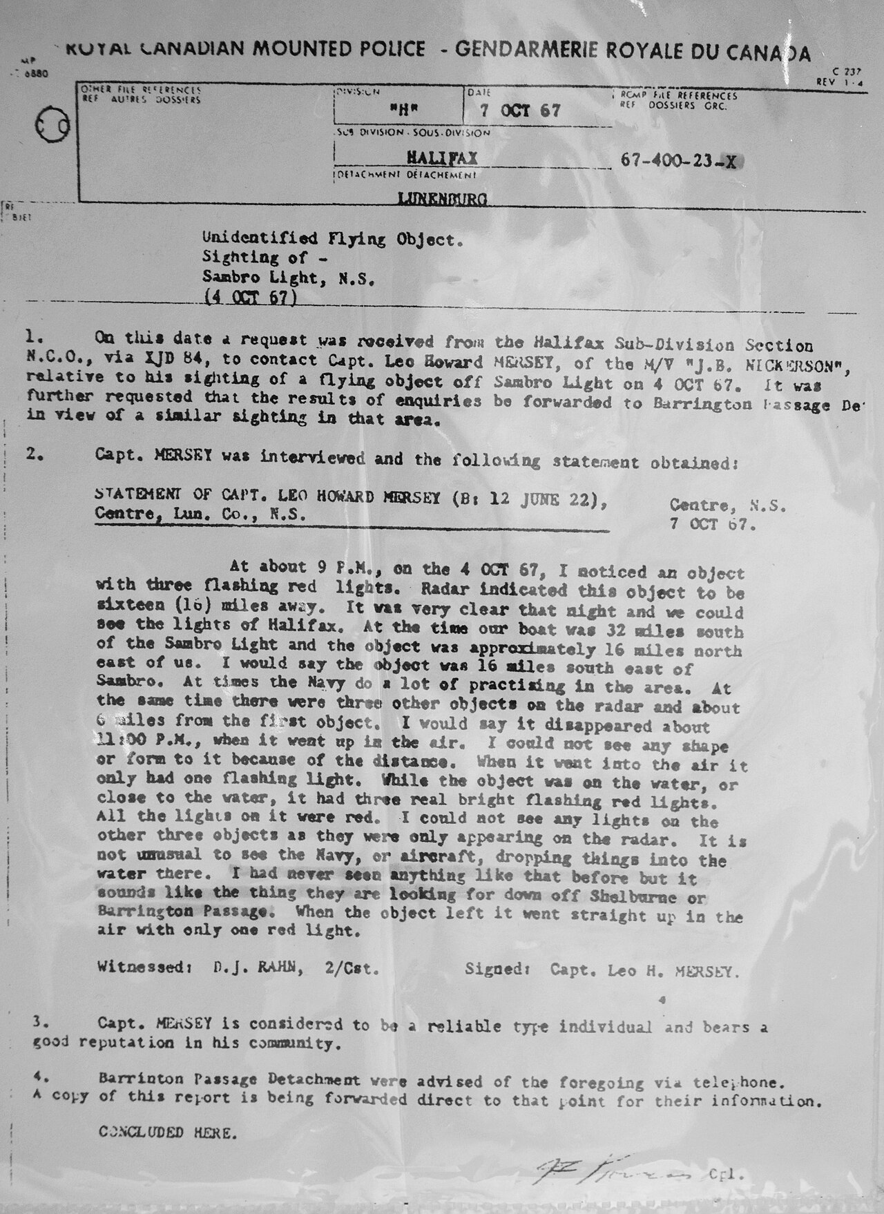The RCMP case file 67-400-23-X — Captain Leo Mersey's same-night sighting near Sambro Light, NS, recorded as part of the broader 4 October 1967 incident.