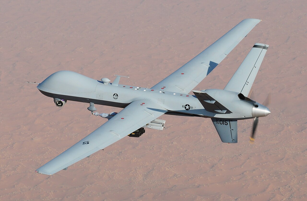 An MQ-9 Reaper — the General Atomics drone whose Yemen-theater orb-tracking footage Rep. Eric Burlison aired during the 9 September 2025 House Oversight UAP hearing.