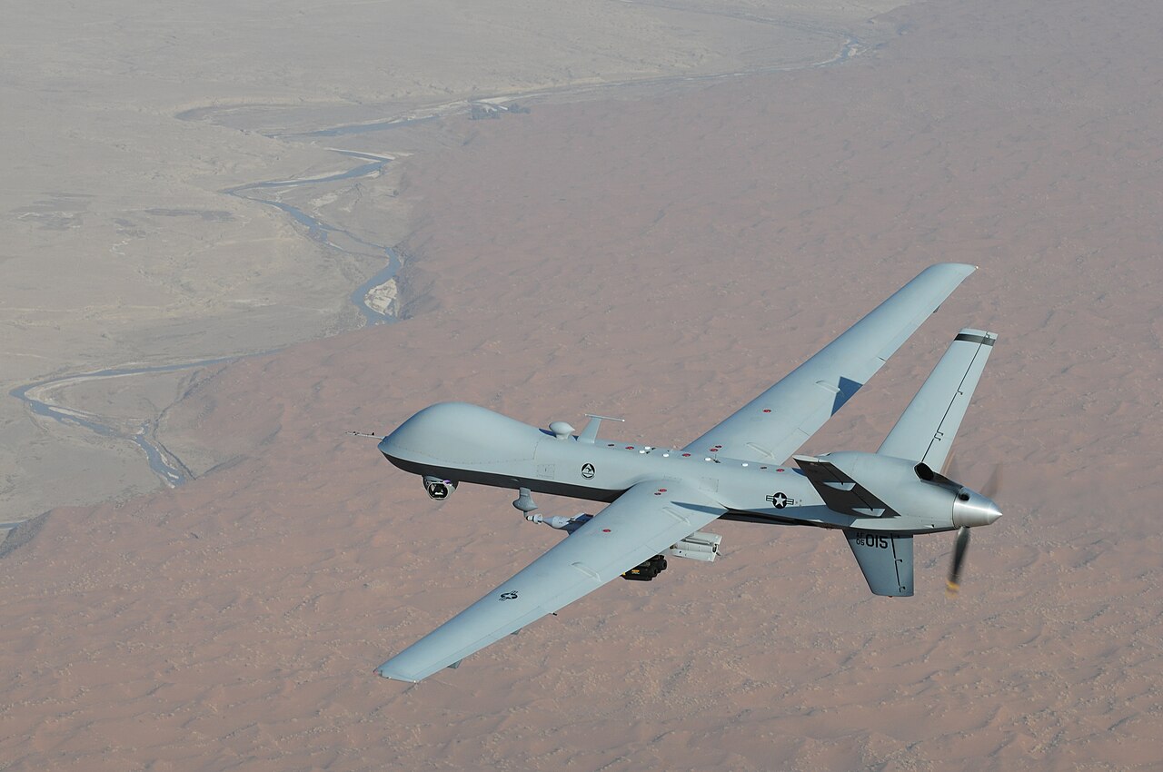 An MQ-9 Reaper in flight — the platform whose Multi-Spectral Targeting System has now produced more publicly-released UAP footage than any single other military sensor.