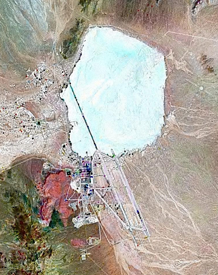 Landsat 'GeoCover' mosaic of Area 51, 2000 — the only widely-available satellite imagery of the base before commercial high-res coverage. The runway runs north-south along the bed of the dry Groom Lake.