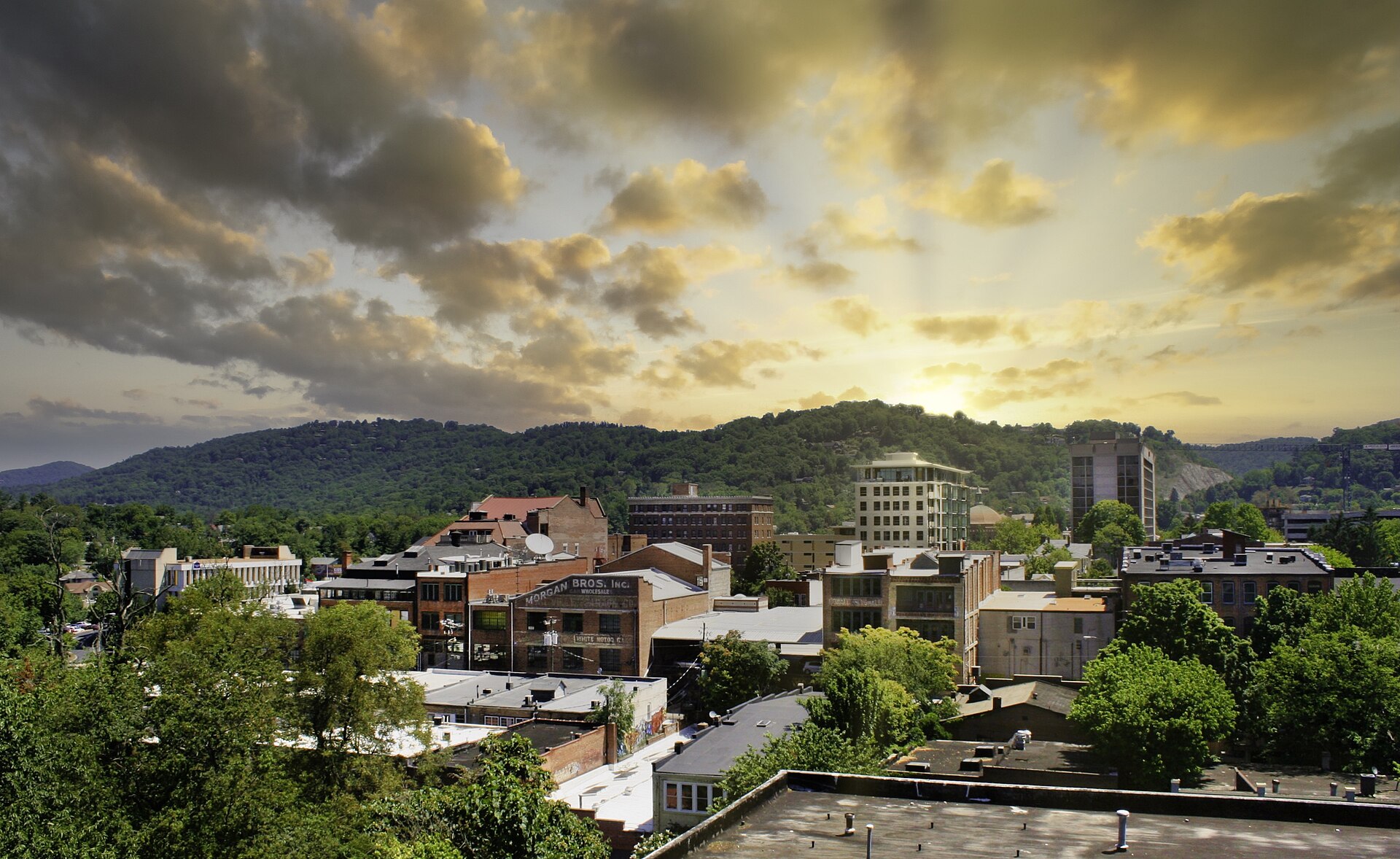 Downtown Asheville at street level. Over a million acres of Pisgah and Nantahala National Forest wrap the city — densely wooded southern Appalachian backcountry.