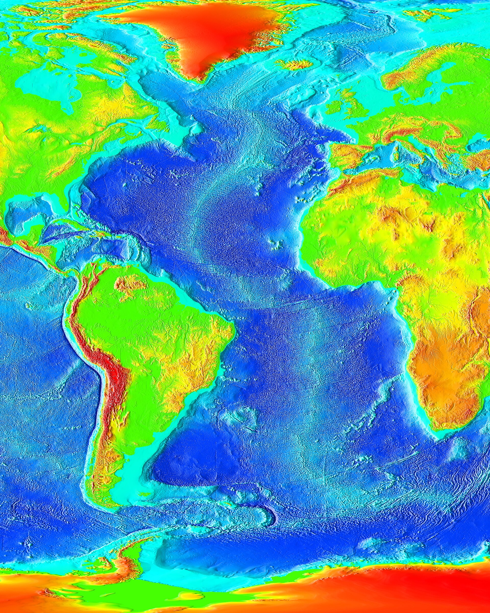 Bathymetric map of the Atlantic seafloor. The Mid-Atlantic Ridge runs the full length of the basin — a 16,000 km submarine mountain chain, only a fraction of which is mapped at land-equivalent resolution.