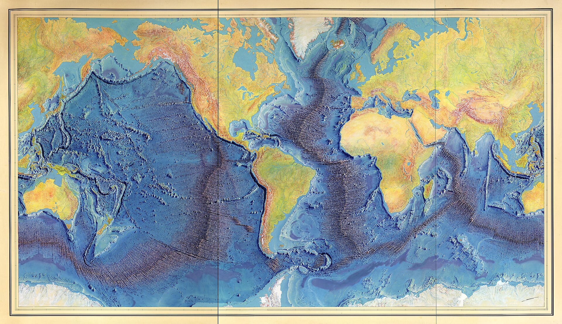 Bruce Heezen and Marie Tharp's hand-painted World Ocean Floor map (Berann manuscript, 1977). Tharp first recognized the Mid-Atlantic Ridge's central rift valley in 1953 from echo-sounding profiles — a discovery initially dismissed as 'girl talk' by male colleagues.