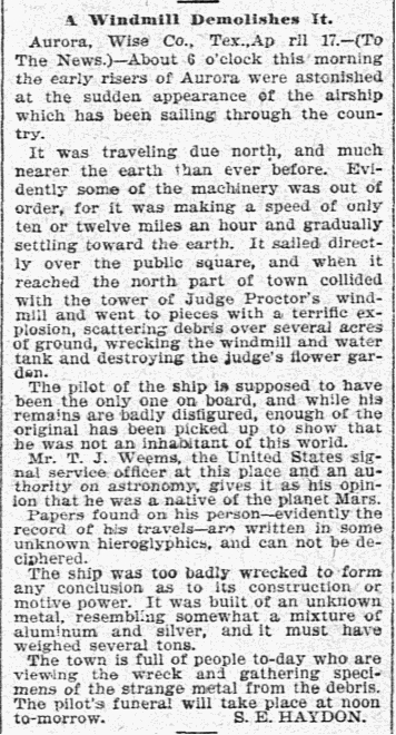 S.E. Haydon's original article in the Dallas Morning News, April 1897. The Aurora crash story preceded the modern UFO era by 50 years; the cemetery's historical marker still references 'the pilot of a UFO who crashed here in 1897.'