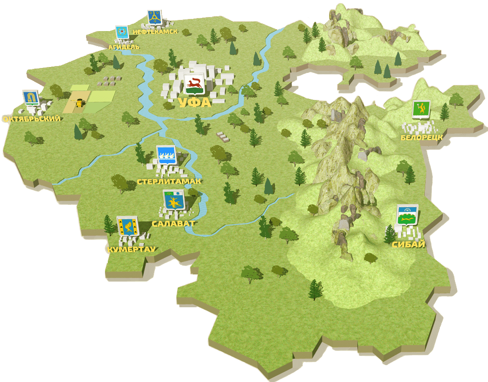 Relief map of Bashkortostan — the Volga Federal District republic in the southern Urals. The Beloretsk region in the eastern hills is the area where multiple 1990s 'crash retrieval' rumors centered, never substantiated but persistent in Russian ufological literature.