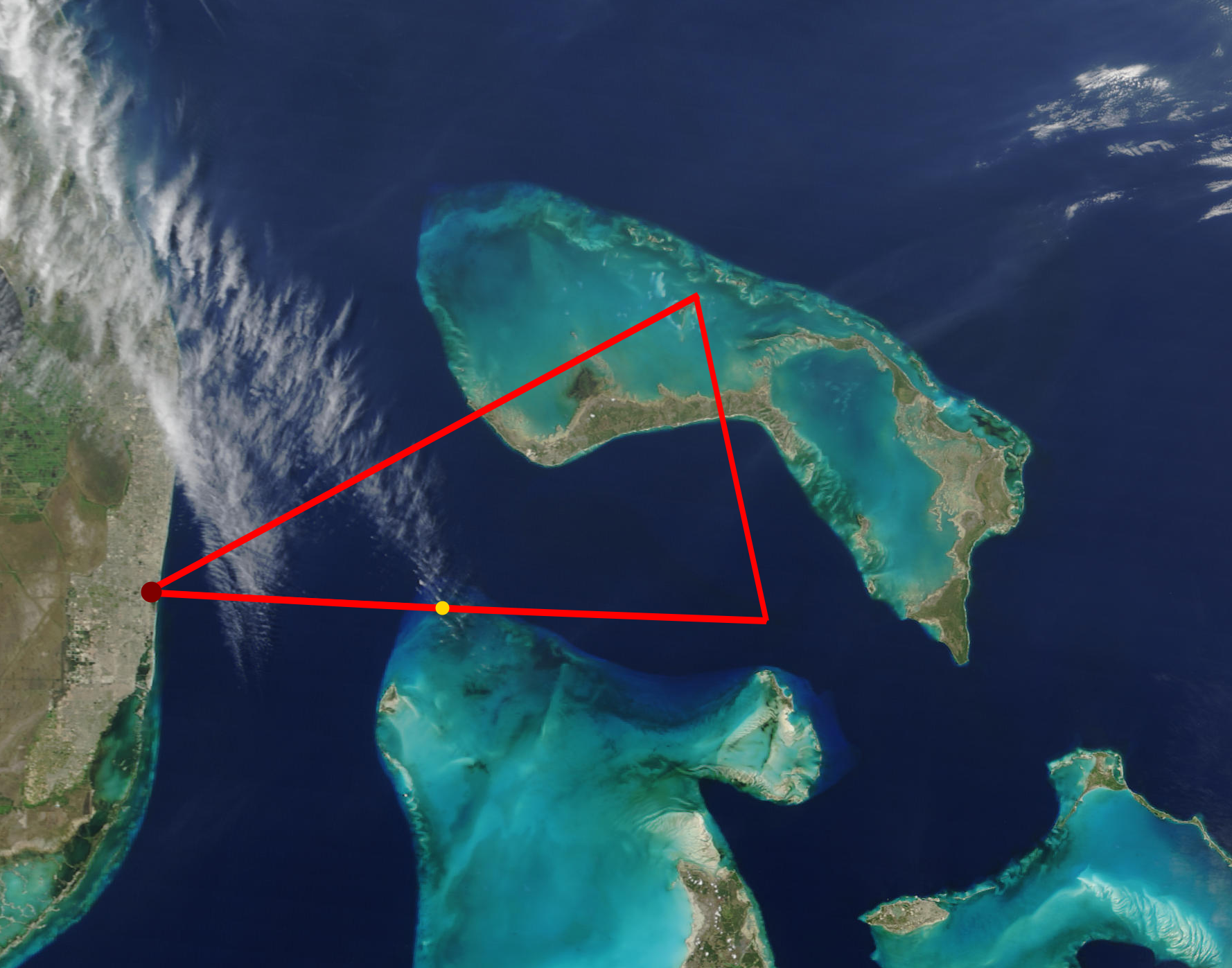 Reconstructed flight track of Flight 19, December 5, 1945 — five Grumman TBM Avengers and a 13-man crew lost on a routine training mission out of Fort Lauderdale. A PBM Mariner dispatched to search for them also vanished. The catalytic event of the Bermuda Triangle myth.