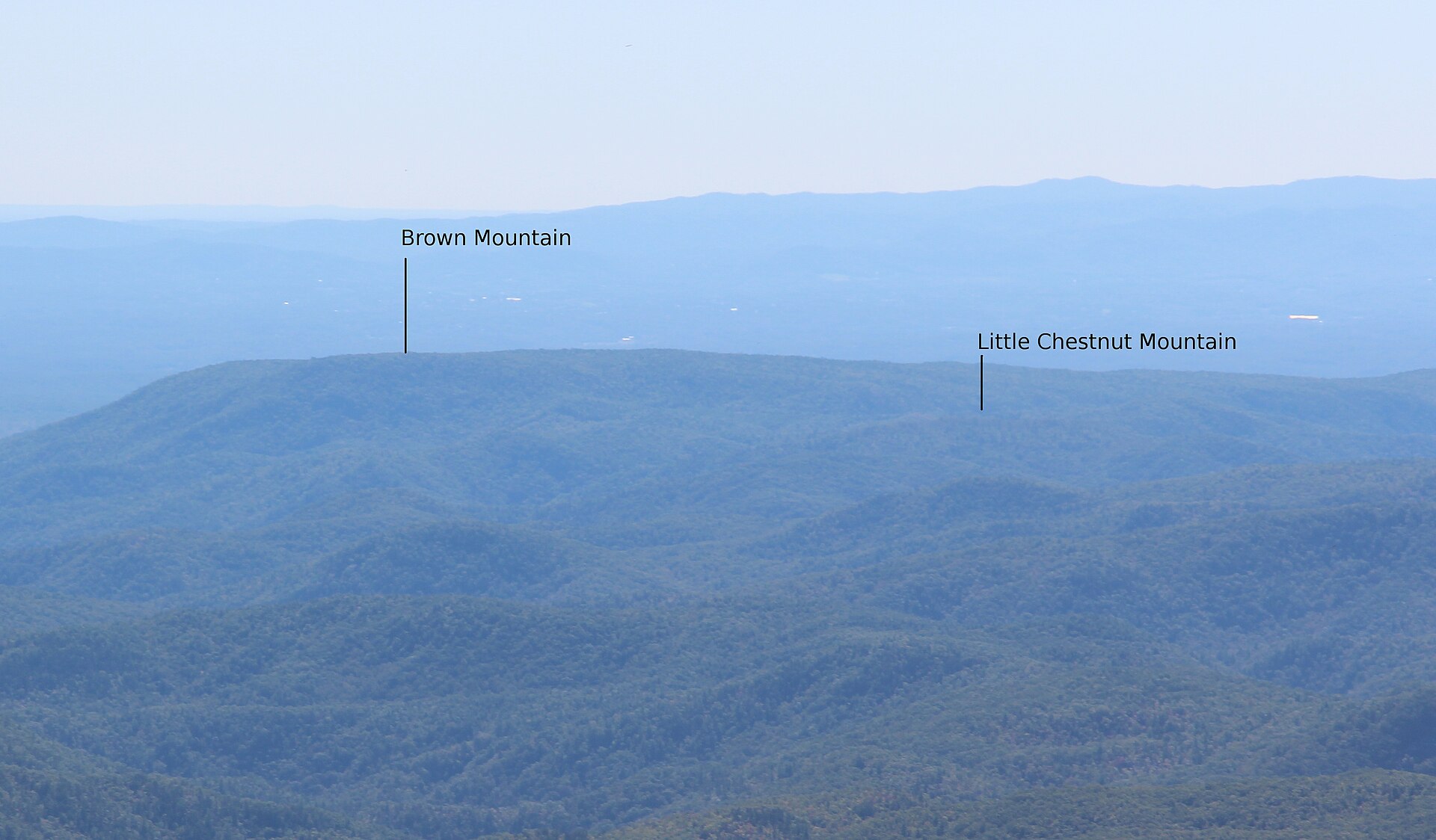Brown Mountain (left) and Little Chestnut Mountain (right). USGS investigators in 1913, 1922, and again in 1977 each concluded the lights were train headlights and brush fires — but each report admitted unresolved residuals.