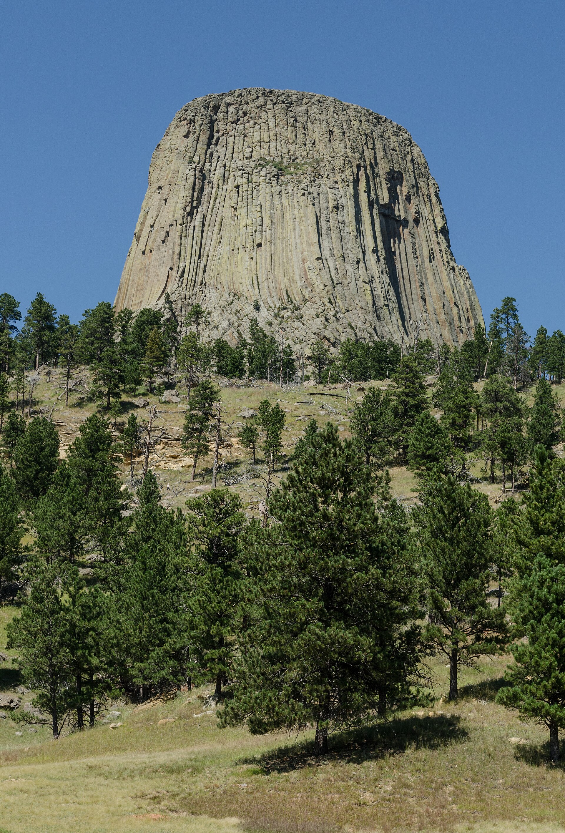 Devils Tower from the southeast. The igneous laccolith rises 867 feet above the surrounding terrain; the Lakota knew it as Matȟó Thípila ('Bear Lodge'). Designated America's first National Monument by Theodore Roosevelt in 1906.