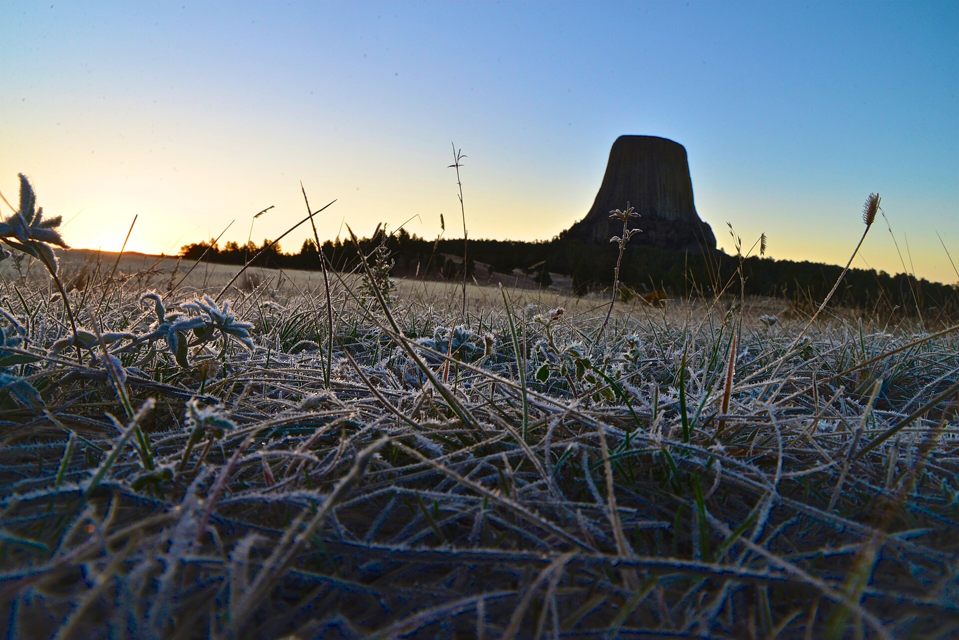 Frosty morning view from Joyner Ridge. The geology is contested — laccolith, volcanic plug, or eroded stock — but its columnar jointing, with five to seven sides per column, is uniquely regular at this scale anywhere on Earth.