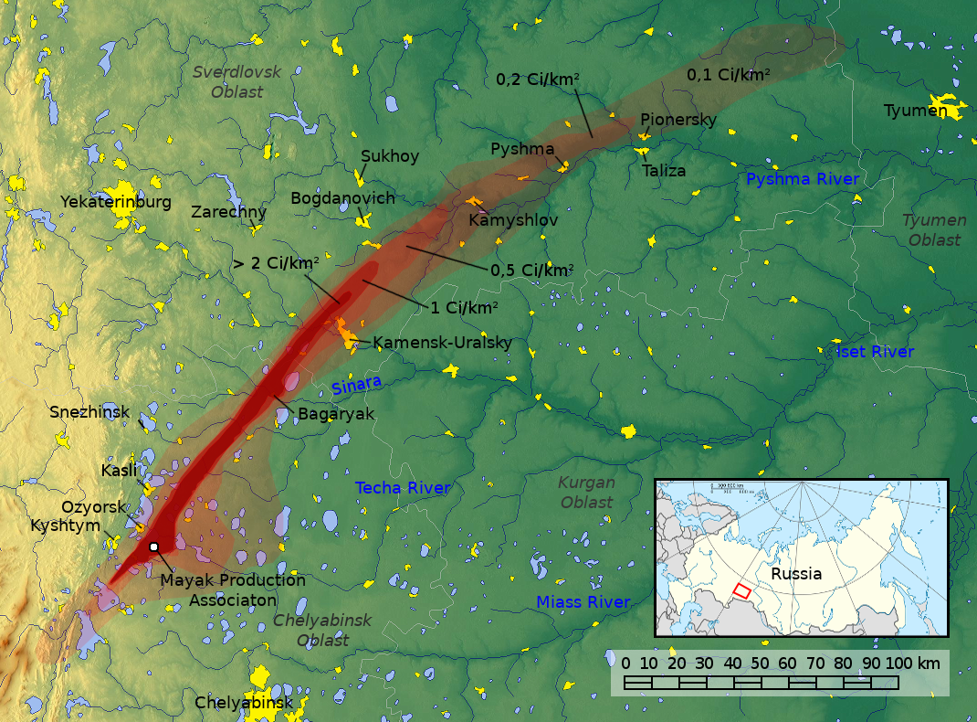 Map of the East Urals Radioactive Trace — the contamination plume from the 29 September 1957 Kyshtym Disaster at Mayak. The explosion of a buried radioactive waste tank dispersed 20 megacuries northeast; the Soviet government did not acknowledge the event until 1989.
