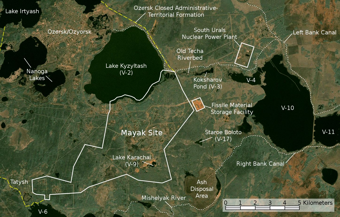 Satellite image of the Mayak Production Association near Ozyorsk — the actual disaster site, never named by Soviet authorities. The 1957 explosion forced the evacuation of over 10,000 people from the East Urals Radioactive Trace; Lake Karachay nearby remains the most contaminated open body of water on Earth.