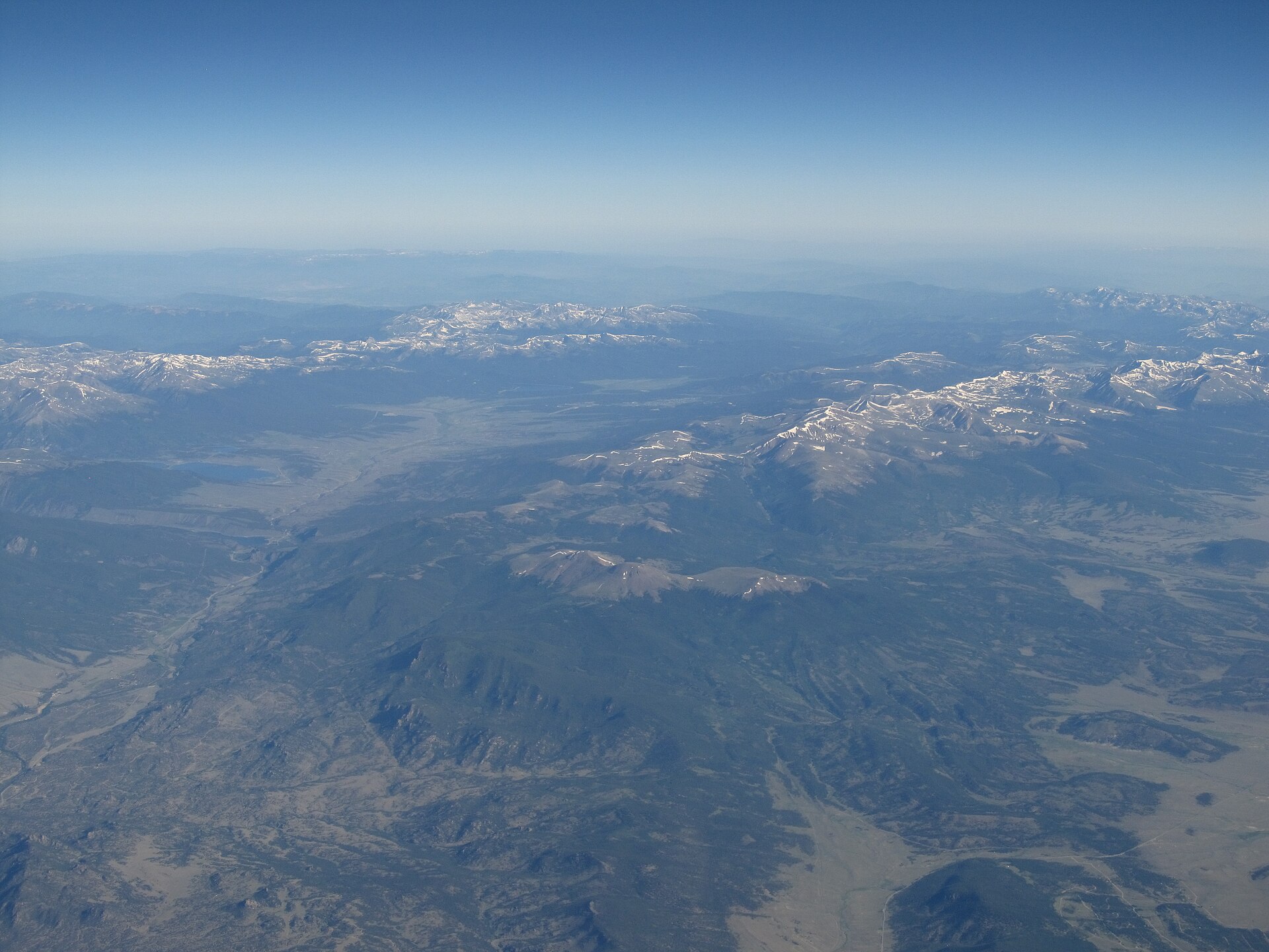 The Mosquito Range above South Park, Colorado — Mount Bross, Mount Lincoln, and Mount Democrat clustered together above 14,000 feet.