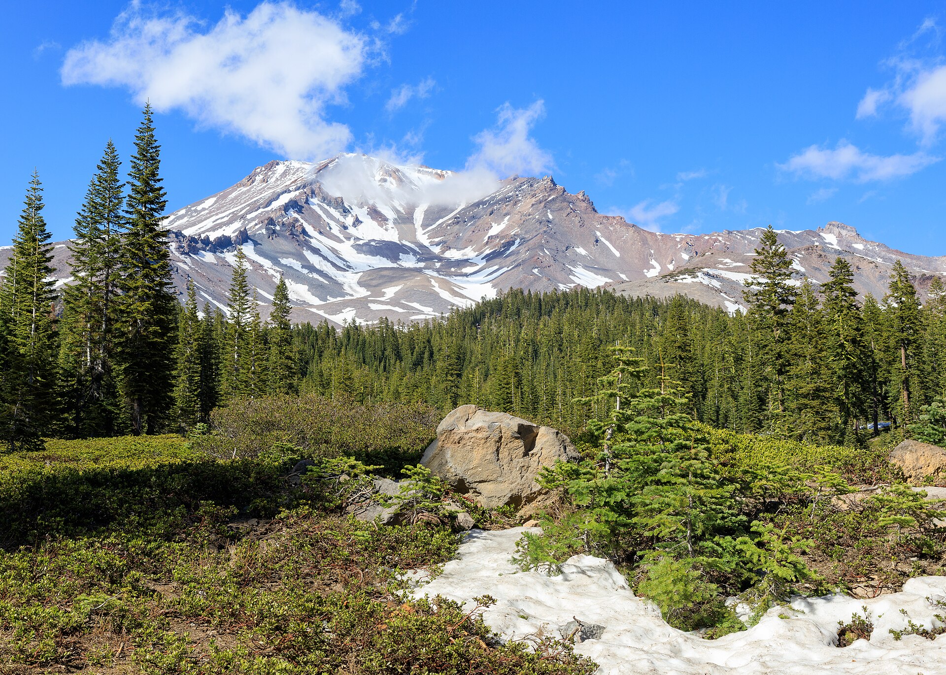 Shasta from Bunny Flat, the most-used trailhead. The mountain has erupted at least four times in the past 10,000 years; the last was witnessed by La Pérouse from sea in 1786.