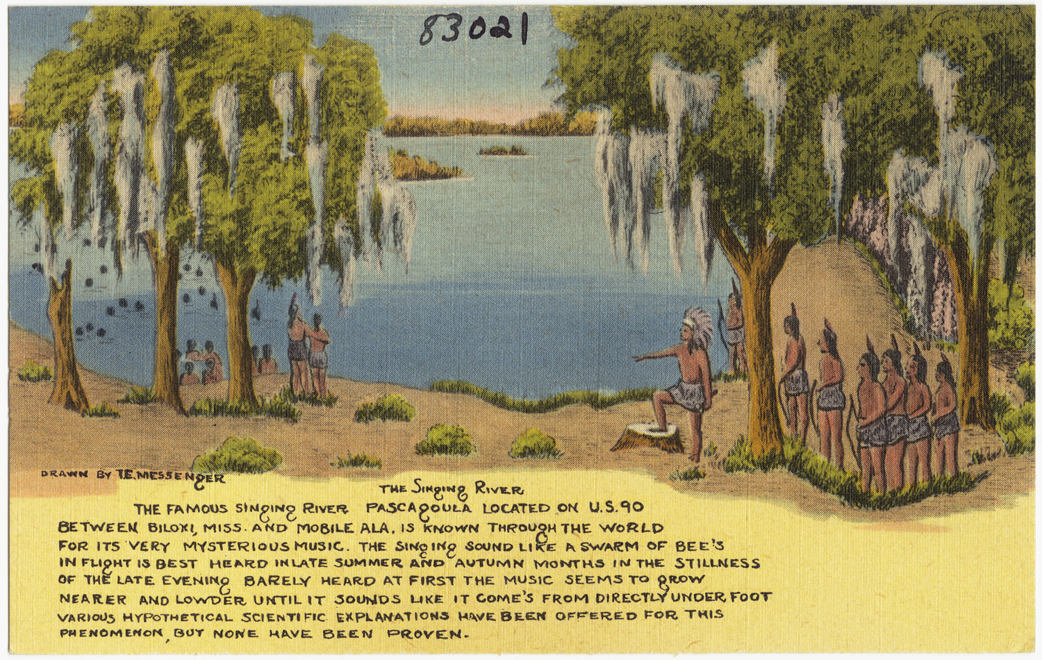 A vintage Pascagoula postcard captioned 'the famous Singing River, known through the world for its very mysterious music.' On the night of 11 October 1973, fishermen Charles Hickson and Calvin Parker reported being taken aboard a craft from these banks.