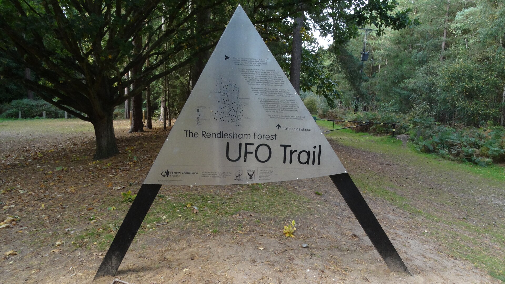The start of the UFO Trail at the Rendlesham Forest Centre. The Halt memo — a one-page January 1981 USAF report describing 'unexplained lights' — remains the most extensively documented military UFO incident in Europe.