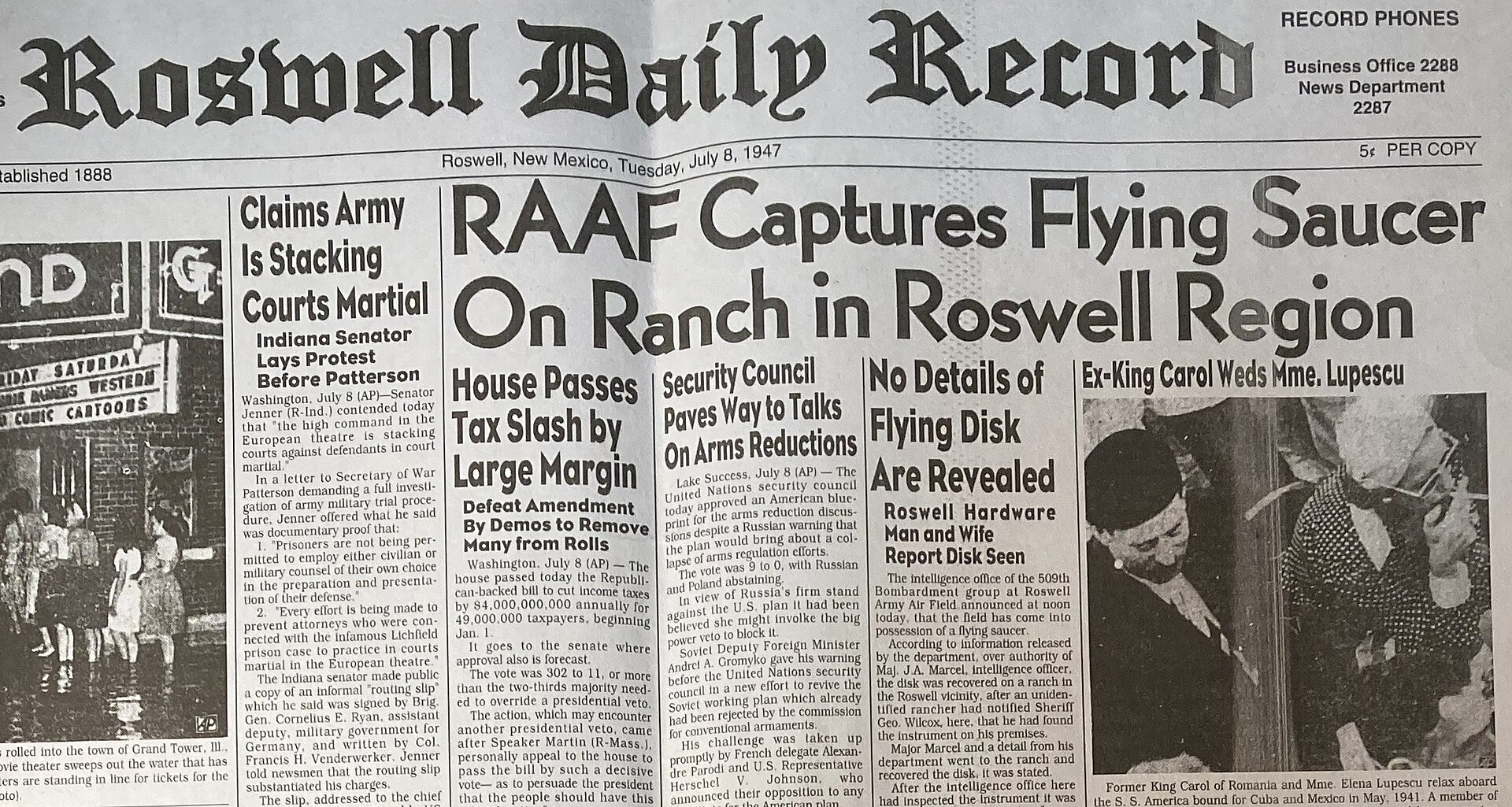 The Roswell Daily Record, July 8, 1947 — the headline 'RAAF Captures Flying Saucer On Ranch in Roswell Region.' By the following morning the Army had retracted the story and called it a weather balloon. The retraction stayed the official line for 47 years.
