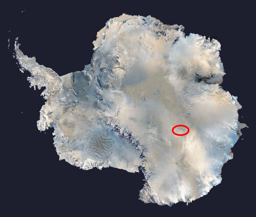 Lake Vostok location map. The lake itself runs 250 × 50 km beneath the station.